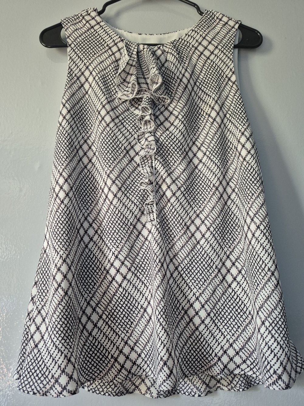 Aura Black and White Plaid Ruffle Front Sleeveless Top